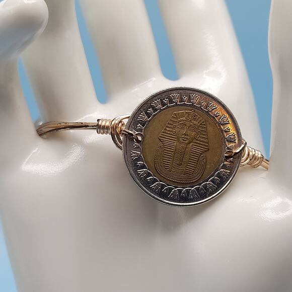 Egyptian One Pound Coin Bangle Bracelet, Three Coins, Wire Wrapped, 7.5 Inches - Picture 5 of 10